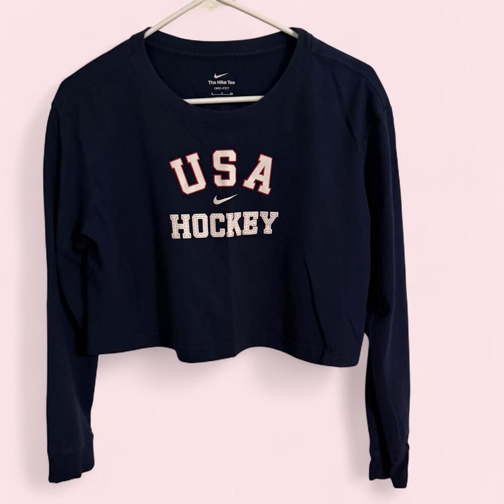 Nike top women size S blue USA Hockey long sleeve crop t-shir - Picture 1 of 6